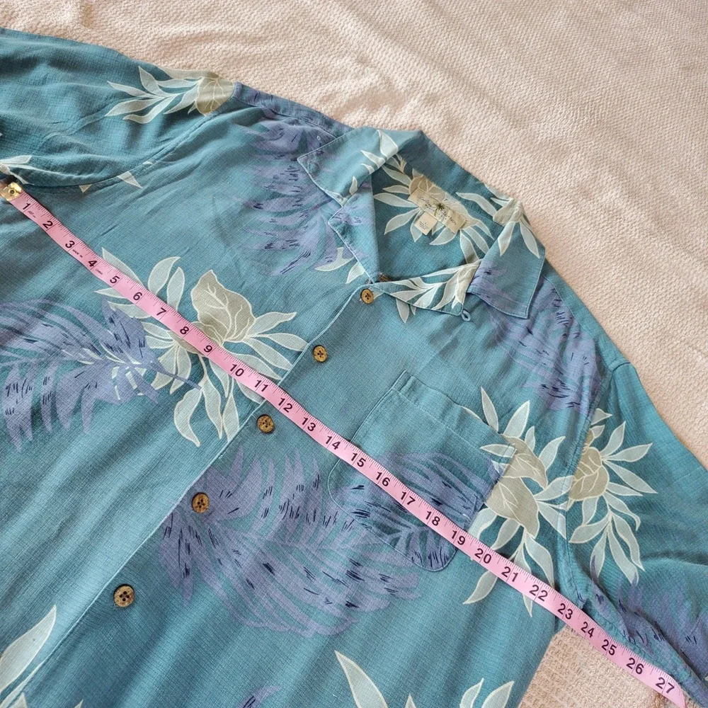 Island Shores Mens Large Teal Blue 100% Washable Silk Tropical Floral Camp Shirt